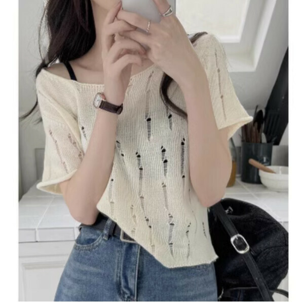Summer Ice Silk Hollow Short Sleeve T (Apricot) [Size: S-L] [Contact Customer Service to Confirm Shipping Size After Placing an Order]