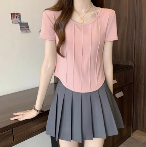 Summer Irregular Short Sleeve T (Pink) [Size: S-L] [Contact customer service to confirm the shipping size after placing an order]
