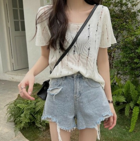 Summer Ice Silk Hollow Short Sleeve T (White) [Size: S-L] [Contact Customer Service to Confirm Shipping Size after Placing an Order]