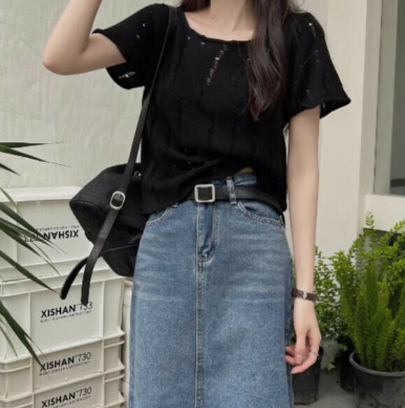Summer Ice Silk Hollow Short Sleeve T (Black) [Size: S-L] [Contact Customer Service to Confirm Shipping Size after Placing an Order]