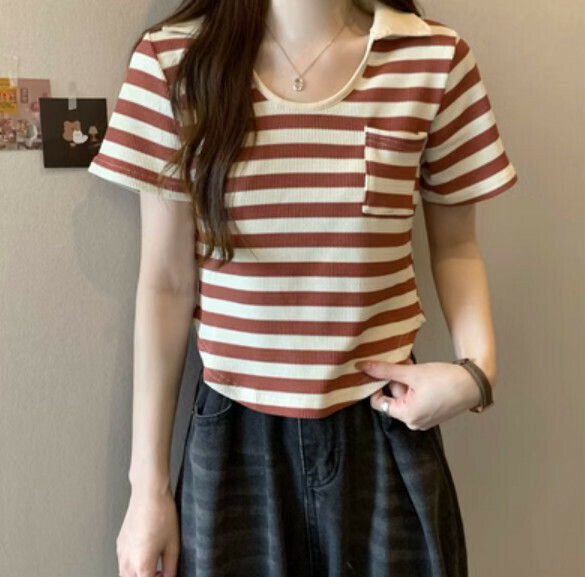 Summer Polo collar striped T (red stripe) [Size: S-L] [Contact customer service to confirm the shipping size after placing an order]