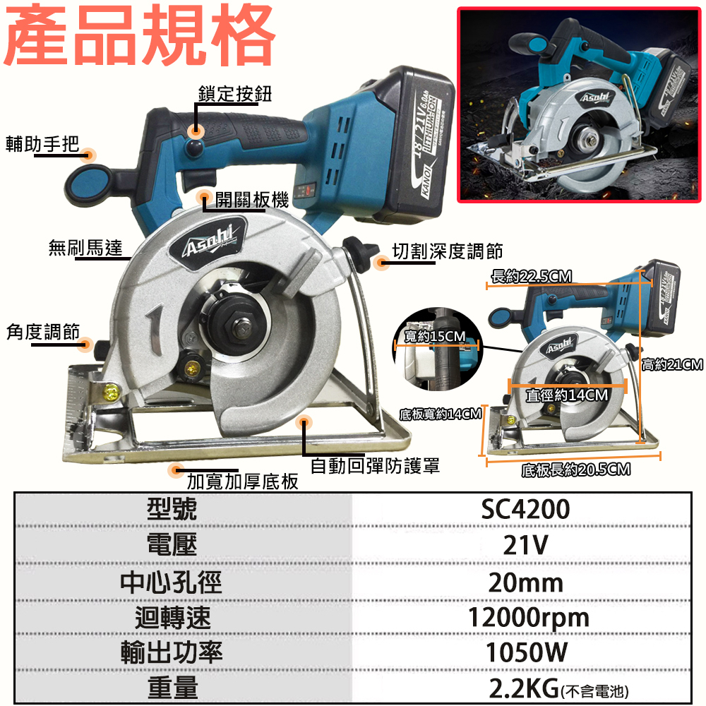 附發票｜SC4200-5吋圓鋸機｜18V 無刷鋰電切石機木材石頭磁磚切割機 通牧田