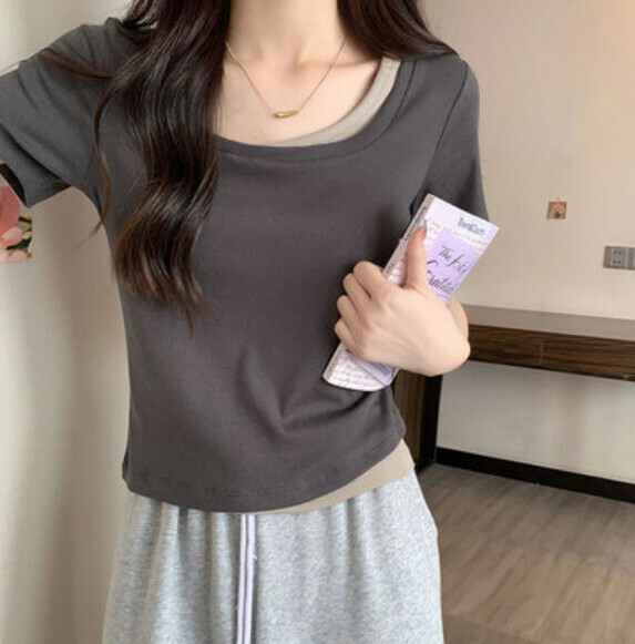 Summer stitching contrast short sleeve t (dark gray) [Size: S-XL] [Contact customer service to confirm the shipping size after placing an order]
