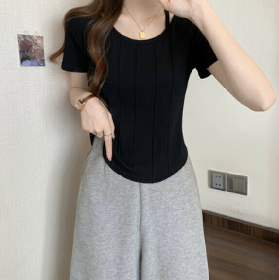 Summer Irregular Short Sleeve T (Black) [Size: S-L] [Contact Customer Service to Confirm Shipping Size after Placing an Order]