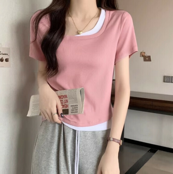 Summer stitching contrast short sleeve t (pink) [Size: S-XL] [Contact customer service to confirm the shipping size after placing an order]
