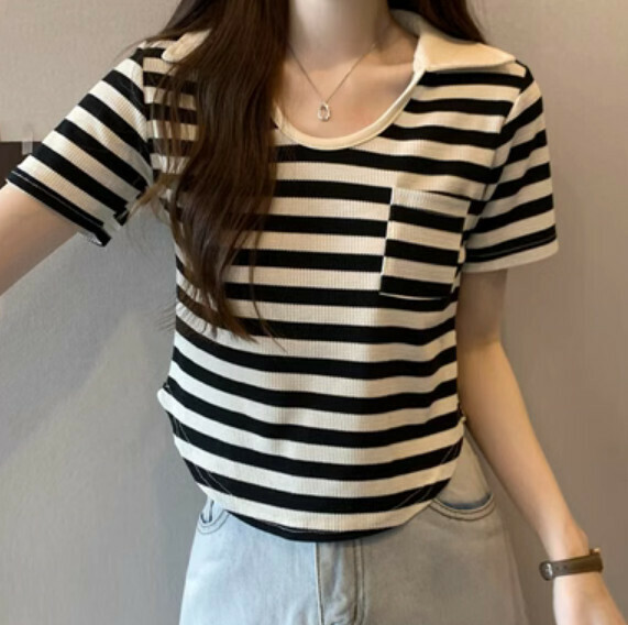 Summer Polo collar striped T (black stripe) [Size: S-L] [Contact customer service to confirm the shipping size after placing an order]