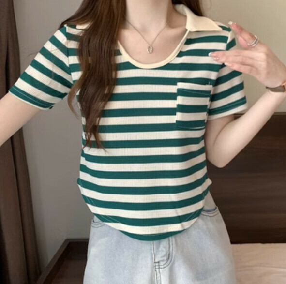 Summer Polo Collar Striped T (Green Stripe) [Size: S-L] [Contact customer service to confirm the shipping size after placing an order]