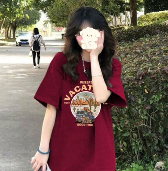 Summer loose short-sleeved T-卹 (burgundy) [Size: S-2XL] [Contact customer service to confirm the shipping size after placing an order]