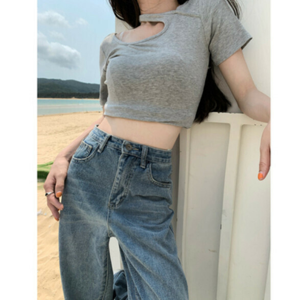 Summer slim hollow shoulder short sleeve t (gray) [Size: S-L] [Contact customer service to confirm the shipping size after placing an order]