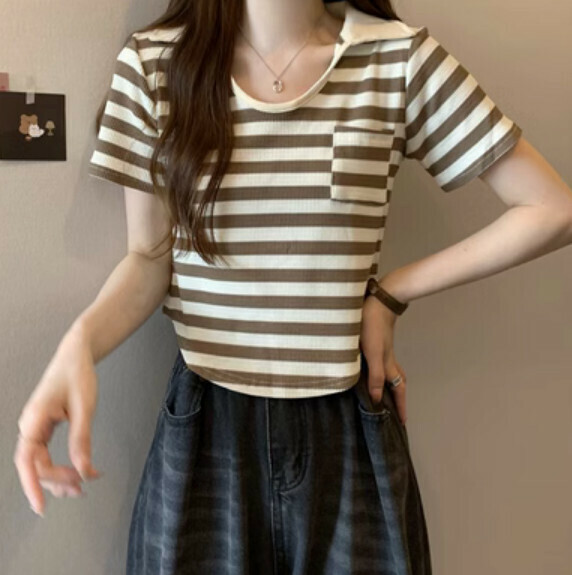 Summer Polo Collar Striped T Stripe (Coffee Stripe) [Size: S-L] [Contact Customer Service to Confirm Shipping Size After Placing an Order]