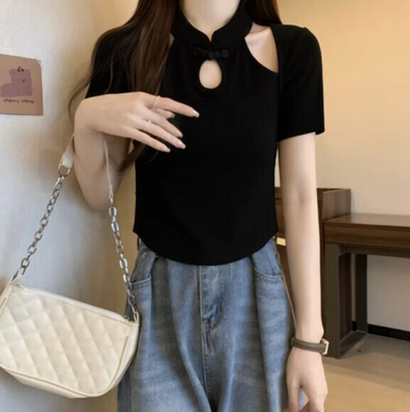 Summer Chinese Modified Cheongsam National Style T (Black) [Size: S-L] [Contact Customer Service to Confirm Shipping Size after Placing an Order]