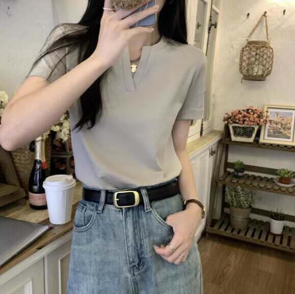 Summer simple and versatile V-neck T (gray) [Size: S-L] [Contact customer service to confirm the shipping size after placing an order]