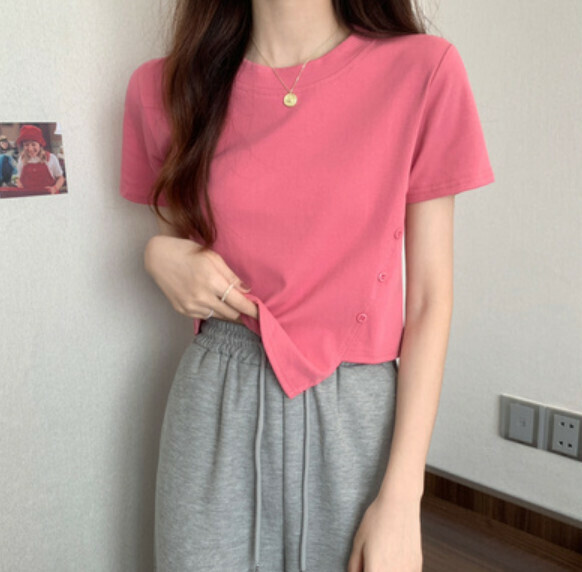 Summer Irregular Button Short Sleeve T (Pink) [One Size]