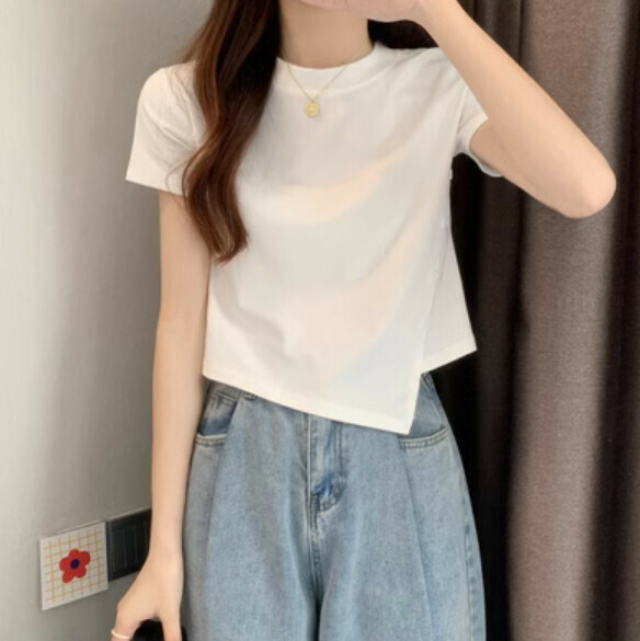 Summer Irregular Button Short Sleeve T Watt (White) [One Size]