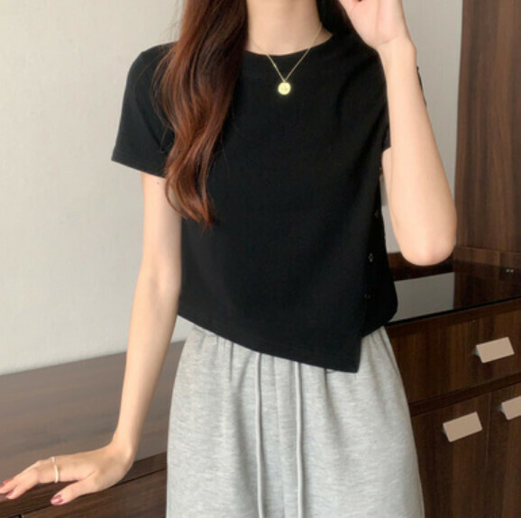 Summer Irregular Button Short Sleeve T T (Black) [One Size]