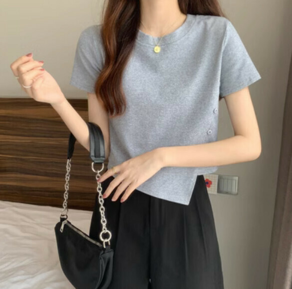 Summer Irregular Button Short Sleeve T (Gray) [One Size]