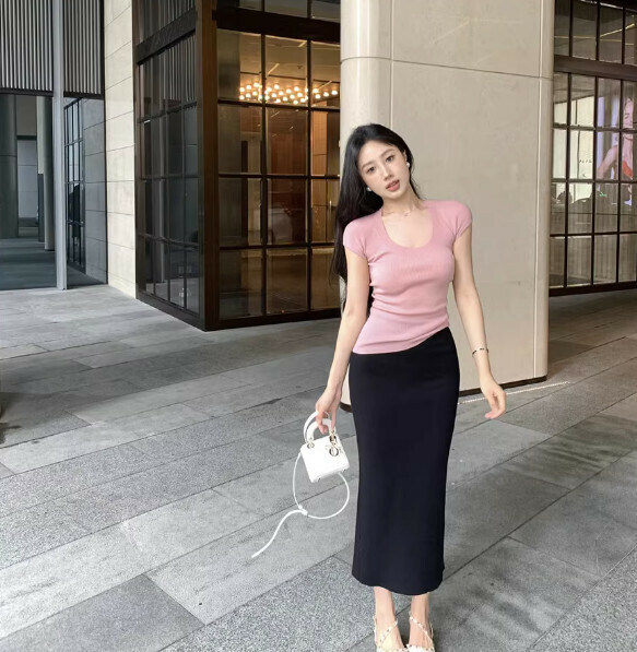 Summer U-neck T (pink) [Size: S-XL] [Contact customer service to confirm the shipping size after placing an order]