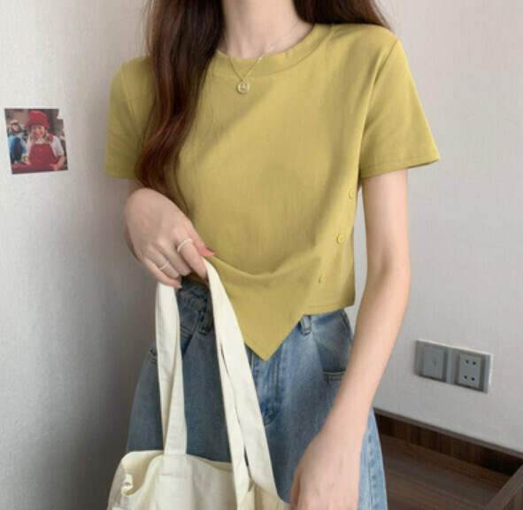 Summer Irregular Button Short Sleeve T (Yellow) [One Size]