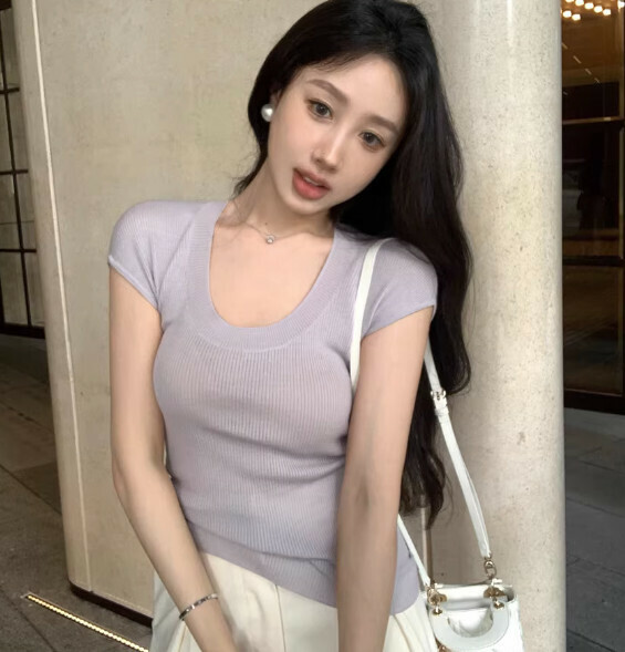 Summer U-neck T (gray purple) [Size: S-XL] [Contact customer service to confirm the shipping size after placing an order]