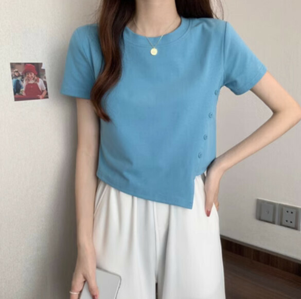 Summer Irregular Button Short Sleeve T T (Blue) [One Size]