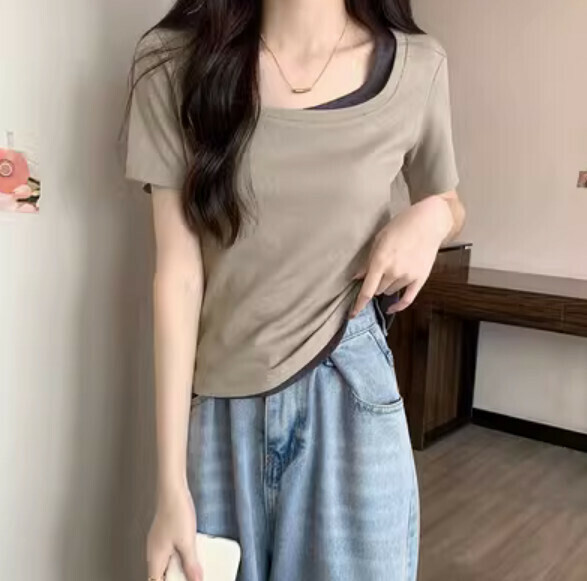 Summer stitching contrast short sleeve t (light coffee color) [Size: S-XL] [Contact customer service to confirm the shipping size after placing an order]