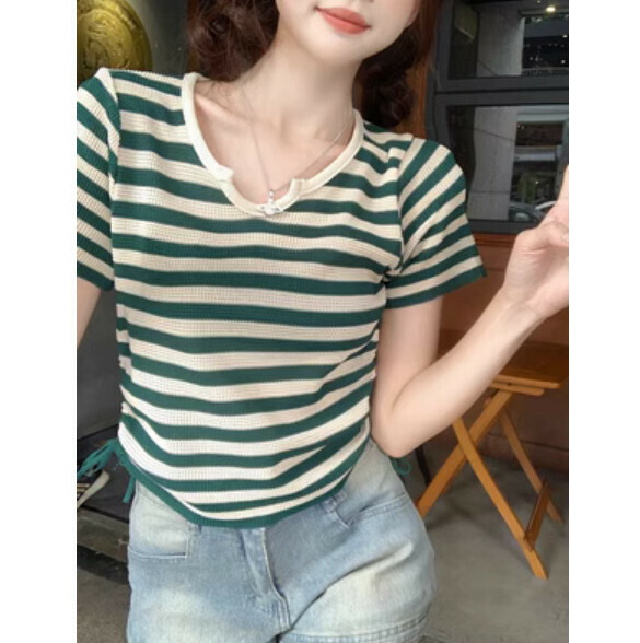 Summer contrasting stripe shoulder short sleeve T (green stripe) [Size: S-L] [Contact customer service to confirm the shipping size after placing an order]