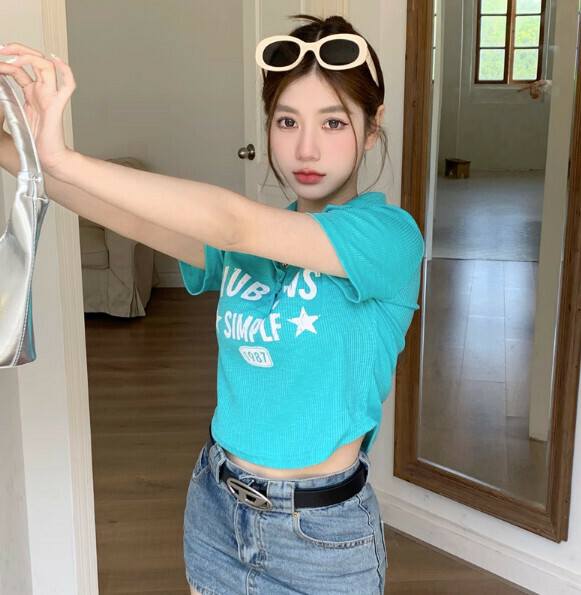 Summer Hong Kong Short Shoulder Short Sleeve T (Blue) [Size: S-L] [Contact customer service to confirm the shipping size after placing an order]