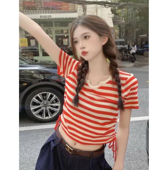 Summer contrasting stripe shoulder short sleeve T (red stripe) [Size: S-L] [Contact customer service to confirm the shipping size after placing an order]