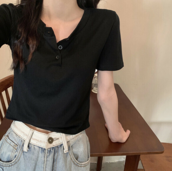 Summer short shoulder short sleeve t (black) [Size: S-XL] [Contact customer service to confirm the shipping size after placing an order]