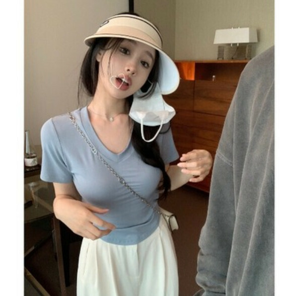 Summer V-neck shoulder short sleeve T (blue) [Size: S-L] [Contact customer service to confirm the shipping size after placing an order]