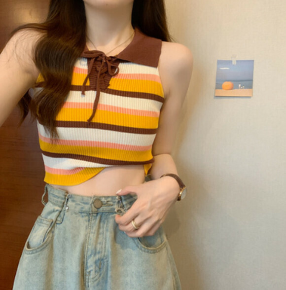 Summer Contrasting Striped Ice Silk Vest (Yellow) [One Size]