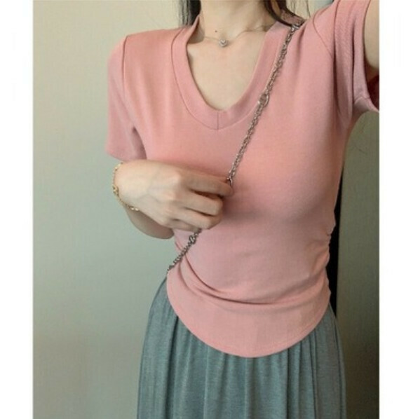 Summer V-neck shoulder short sleeve T (pink) [Size: S-L] [Contact customer service to confirm the shipping size after placing an order]