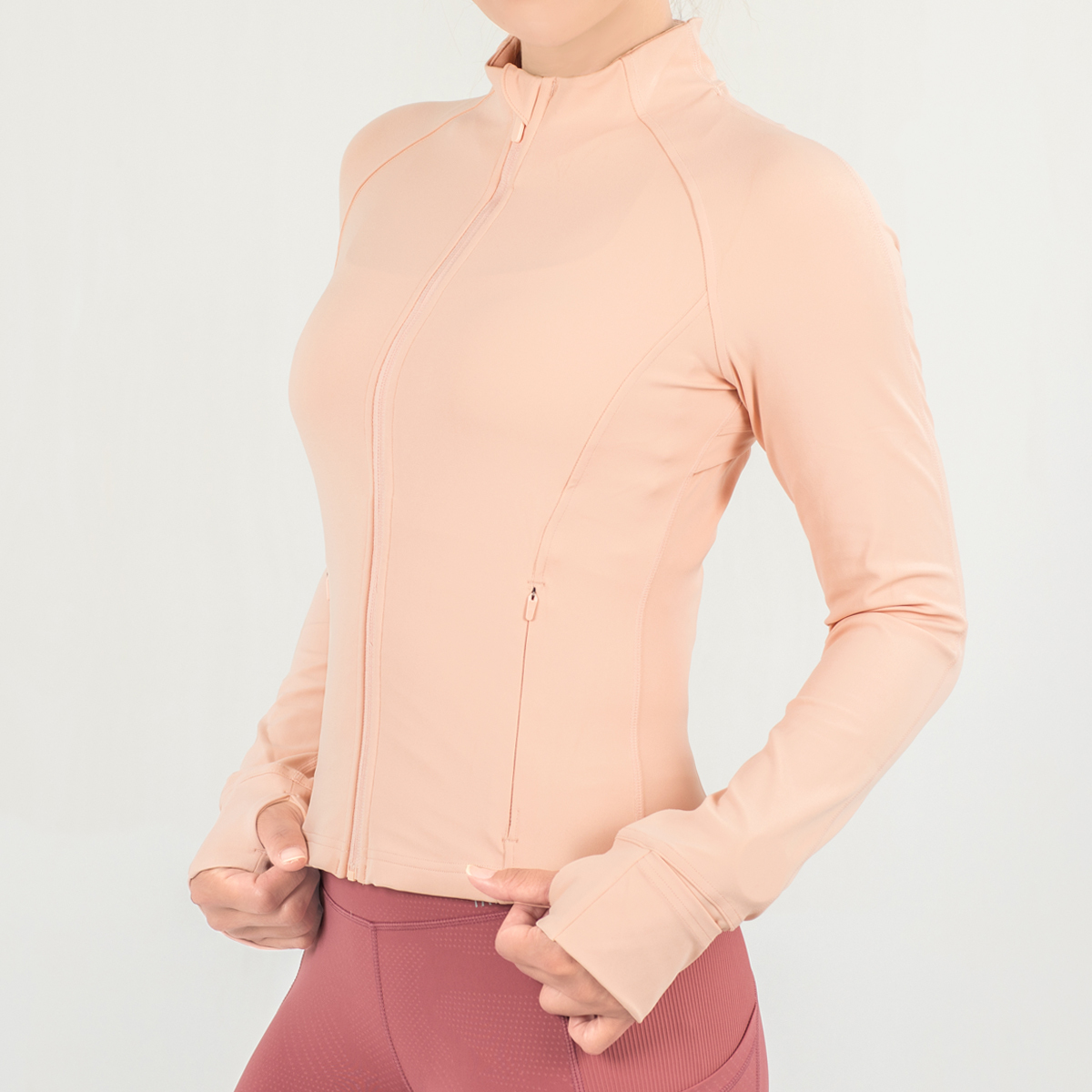 立領後網紗透氣訓練外套 杏粉