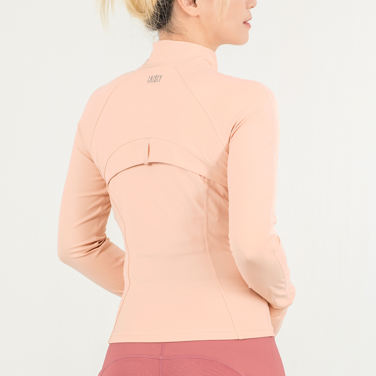 立領後網紗透氣訓練外套 杏粉