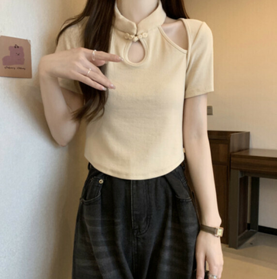 Summer Chinese-style improved cheongsam national style T (apricot) [Size: S-L] [Contact customer service to confirm the shipping size after placing an order]