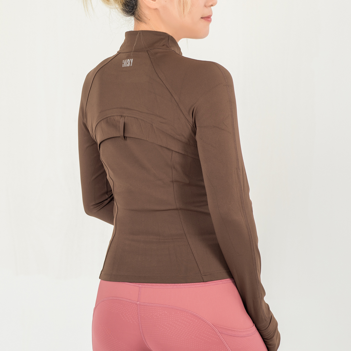 立領後網紗透氣訓練外套 棕咖