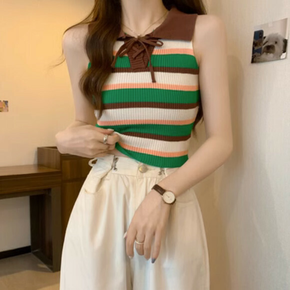 Summer Contrasting Striped Ice Silk Vest (Green) [One Size]