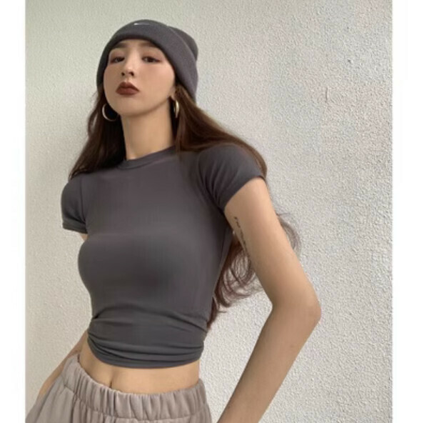 Summer short shoulder short sleeve T (gray) [Size: S-L] [Contact customer service to confirm the shipping size after placing an order]