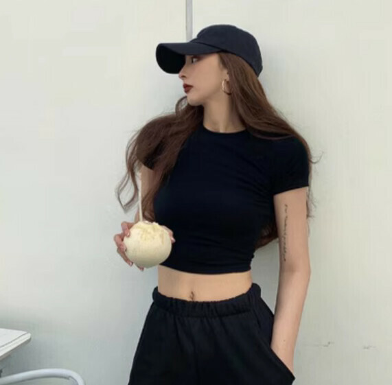 Summer short shoulder short sleeve T (black) [Size: S-L] [Contact customer service to confirm the shipping size after placing an order]