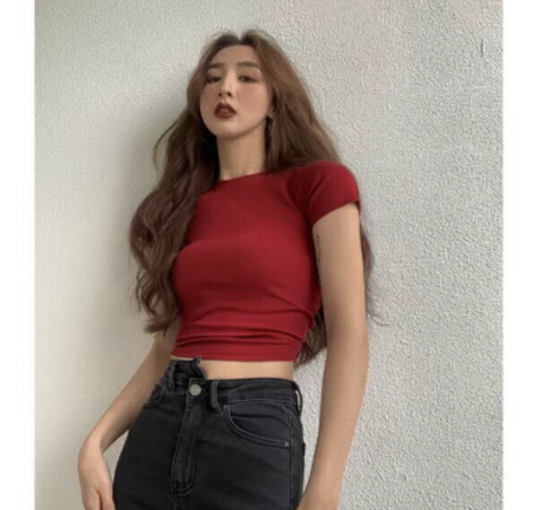 Summer short shoulder short sleeve T (burgundy) [Size: S-L] [Contact customer service to confirm the shipping size after placing an order]