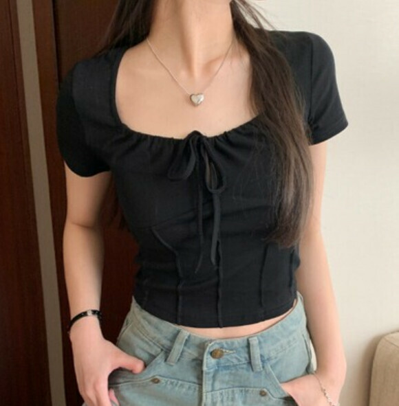 Summer short square neck short sleeve T (black) [Size: S-L] [Contact customer service to confirm the shipping size after placing an order]