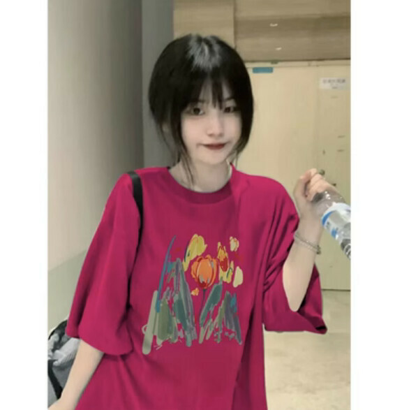 Summer Round Neck Short Sleeve T Shirt (Dragon Fruit Color) [Size: S-2XL] [Contact Customer Service to Confirm Shipping Size After Placing an Order]