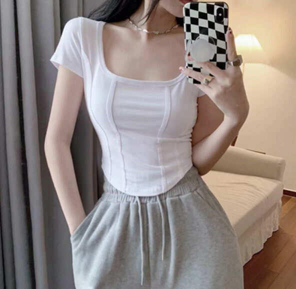 Summer Square Neck Irregular Short Sleeve T (White) [Size: S-L] [Contact Customer Service to Confirm Shipping Size After Placing an Order]