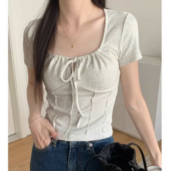 Summer short square neck short sleeve T (gray) [Size: S-L] [Contact customer service to confirm the shipping size after placing an order]