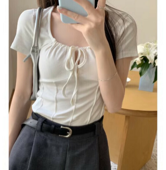 Summer short square neck short sleeve T (white) [Size: S-L] [Contact customer service to confirm the shipping size after placing an order]