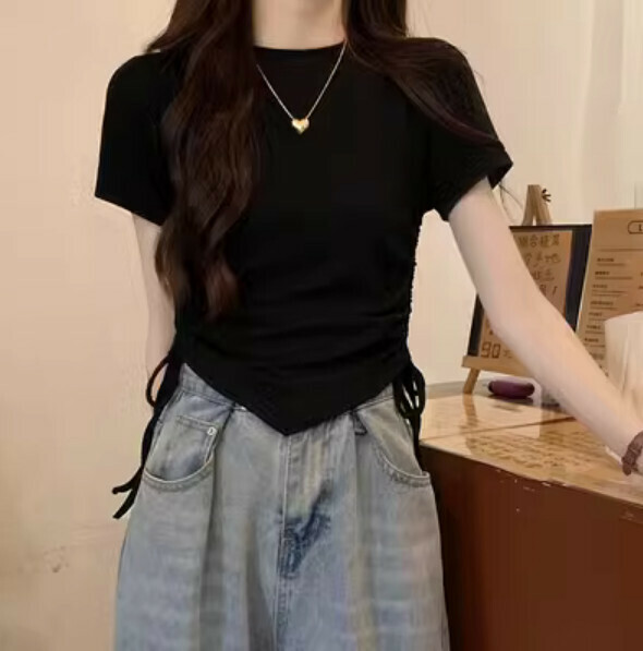 Summer irregular shoulder t (black) [Size: S-XL] [Contact customer service to confirm the shipping size after placing an order]