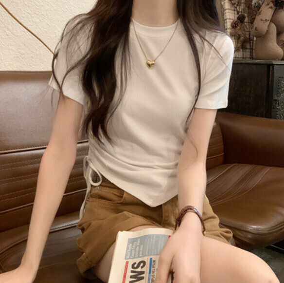 Summer irregular shoulder t (white) [Size: S-XL] [Contact customer service to confirm the shipping size after placing an order]