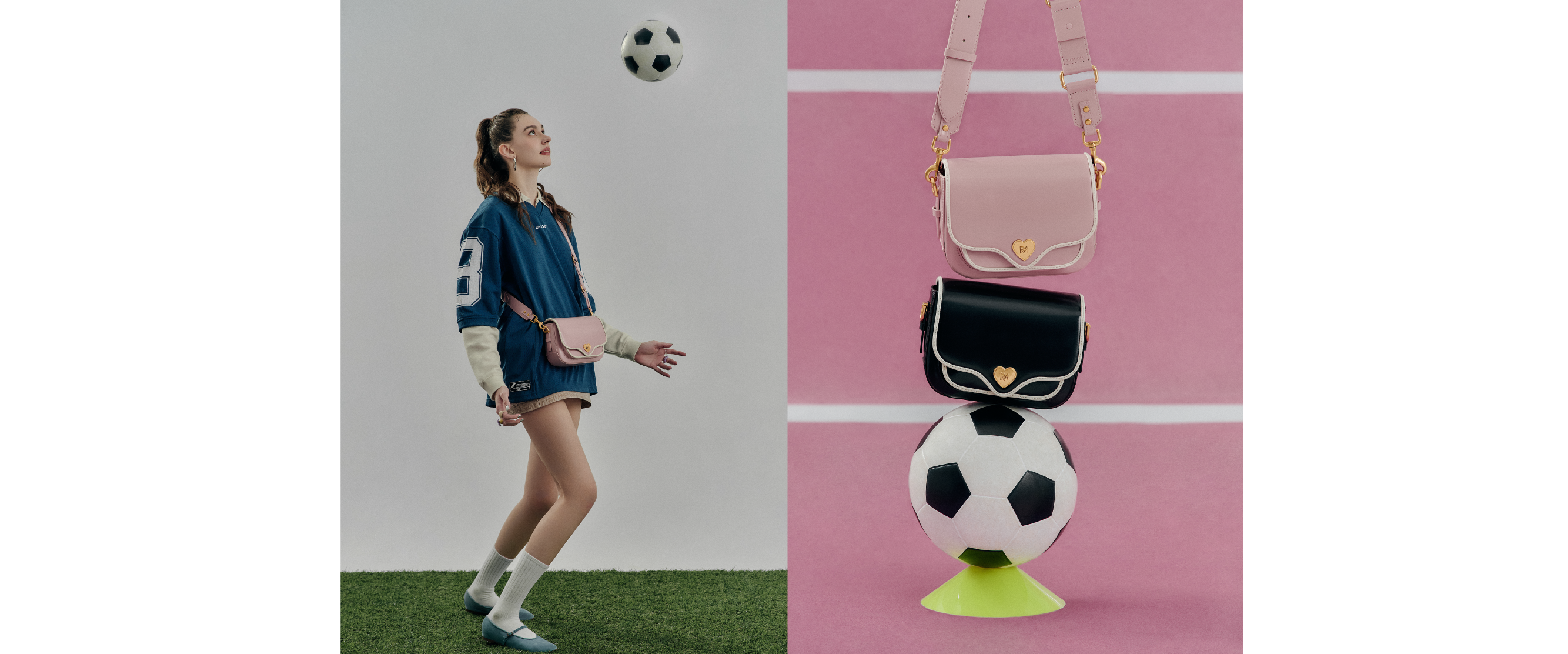 少女運動風的藍色球衣與娃娃鞋搭配，背著甜美的粉色ROBINMAY 桃心蔓蔓斜背包。