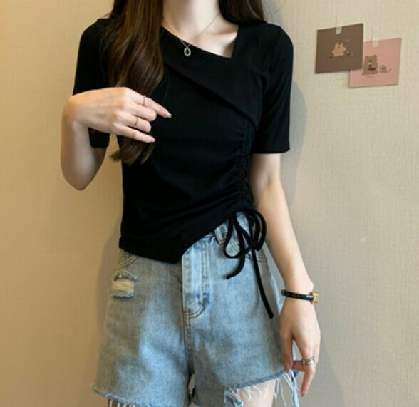 Summer Irregular Short Sleeve T (Black) [Size: S-XL] [Contact Customer Service to Confirm Shipping Size After Placing an Order]
