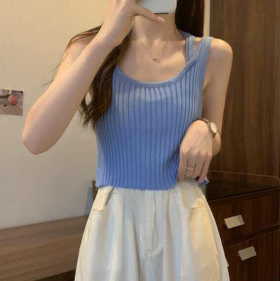 Summer fake two-piece ice silk vest (sky blue) [one size]